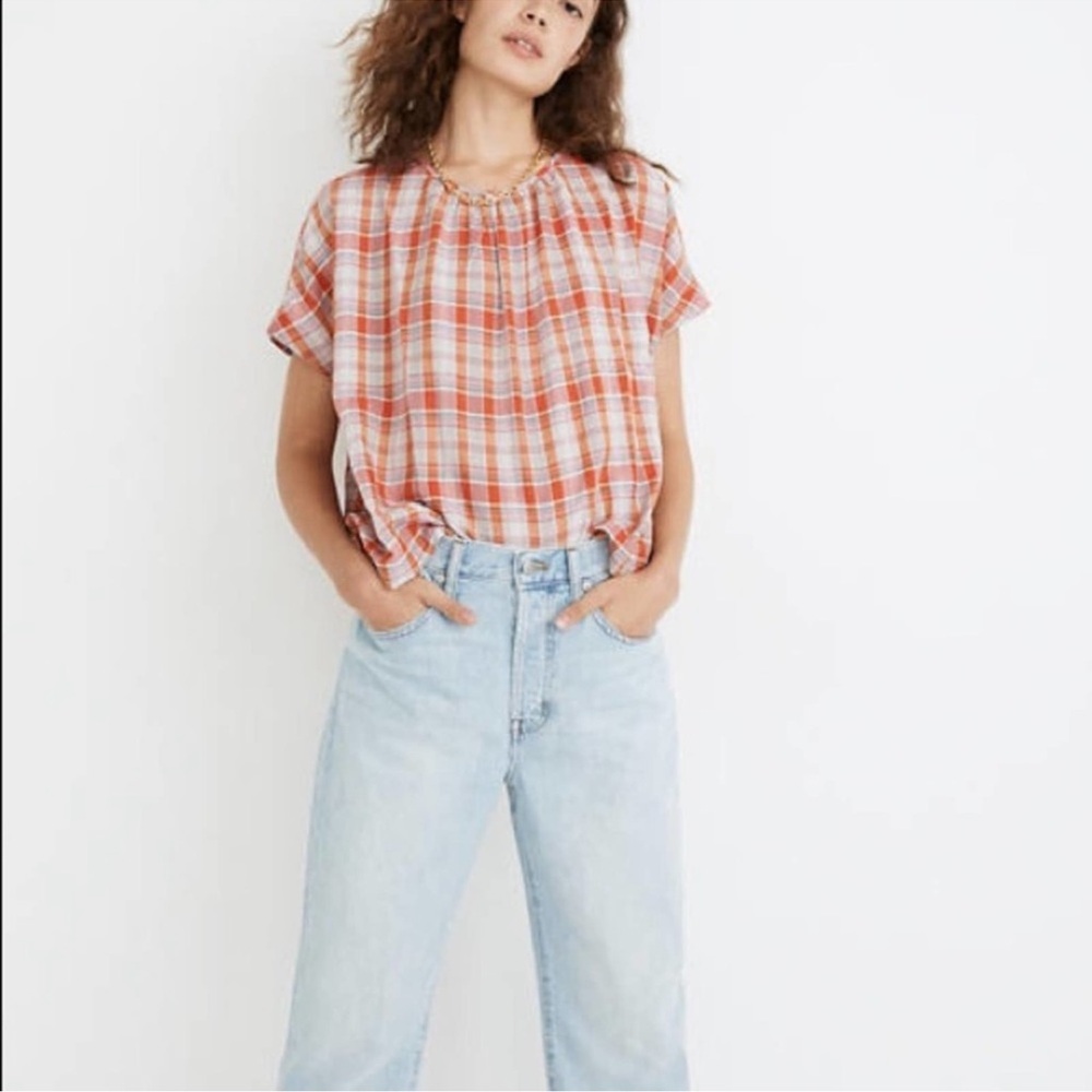 Madewell | Orange Plaid Shirred-Neck Boxy Top